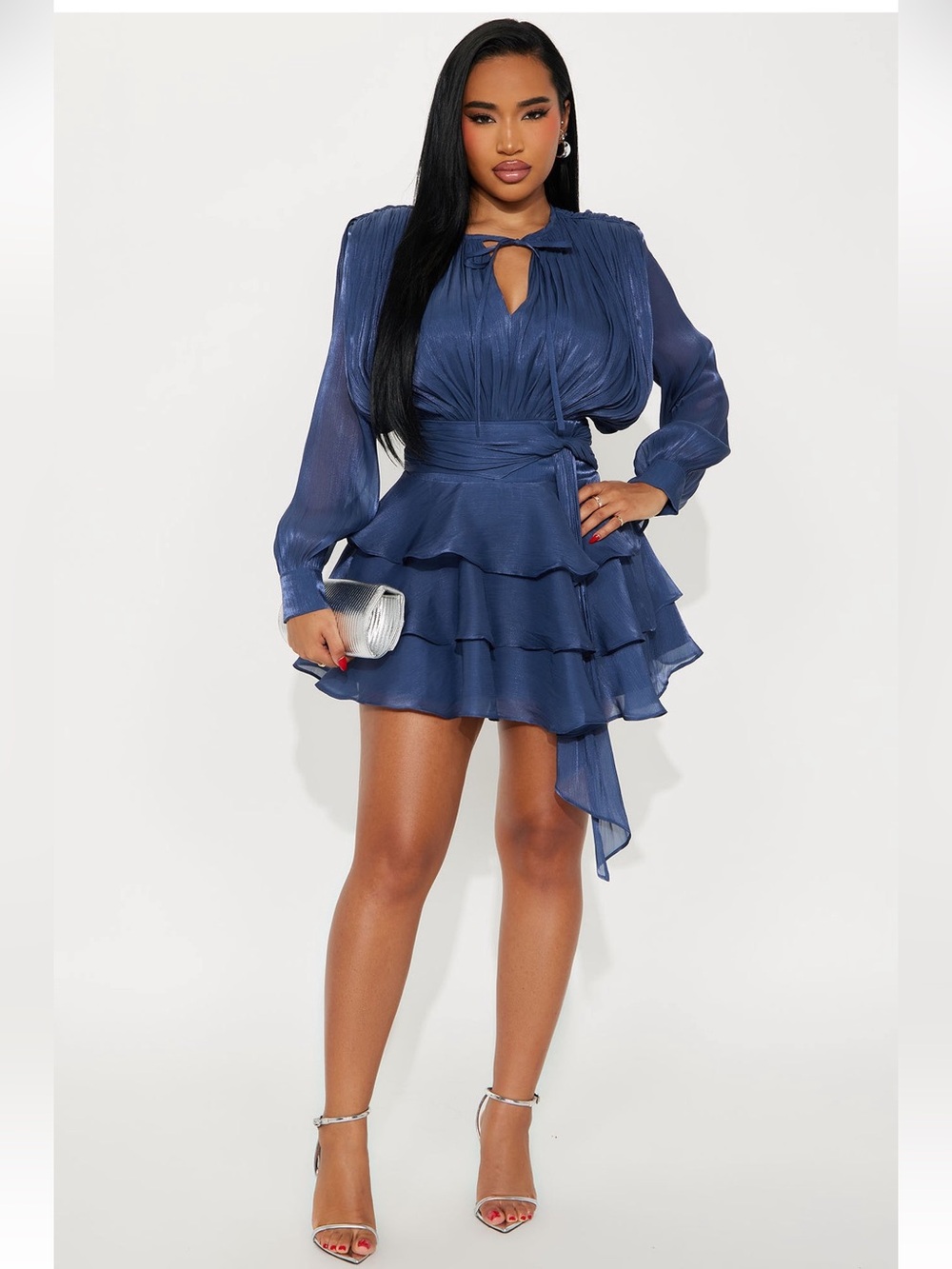 BNWT Fashion Nova Giselle Soft Organza Elegant Navy Ruffle Tiered Mini Dress